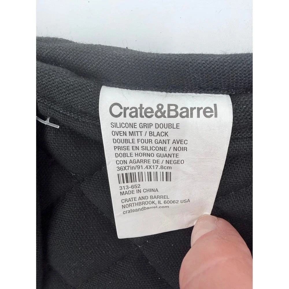 Crate & Barrel Double Oven Mitt Black Silicone Grip Quilted Cotton